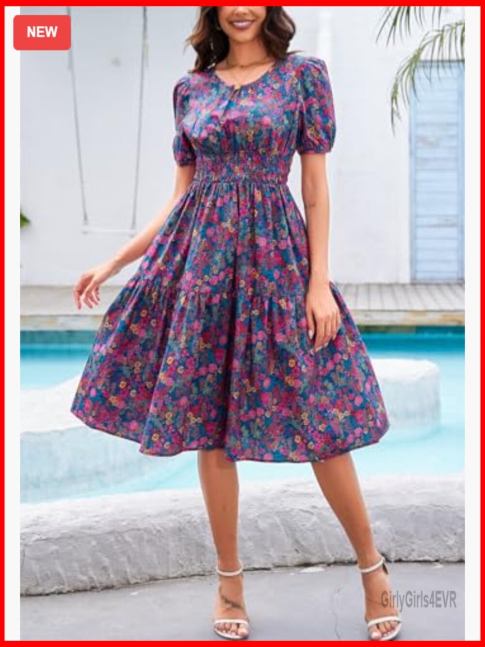 Women Summer Boho Floral Midi Dress Smocked Waist Tiered Flowy Swing - Picture 3 of 7